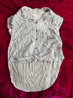 Pink Rose Striped Button-Front Tie-Hem Top - White & Blue